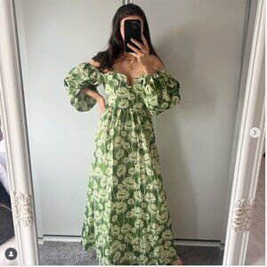 Zara Floral Off The Shoulder Cotton Poplin Maxi Dress Green Size Small
